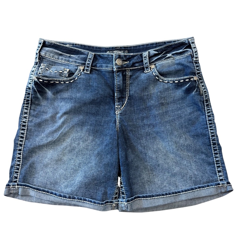 Silver Jeans Co McKenzie Flap Denim Shorts Size 16 Dark Wash Thick Stitch